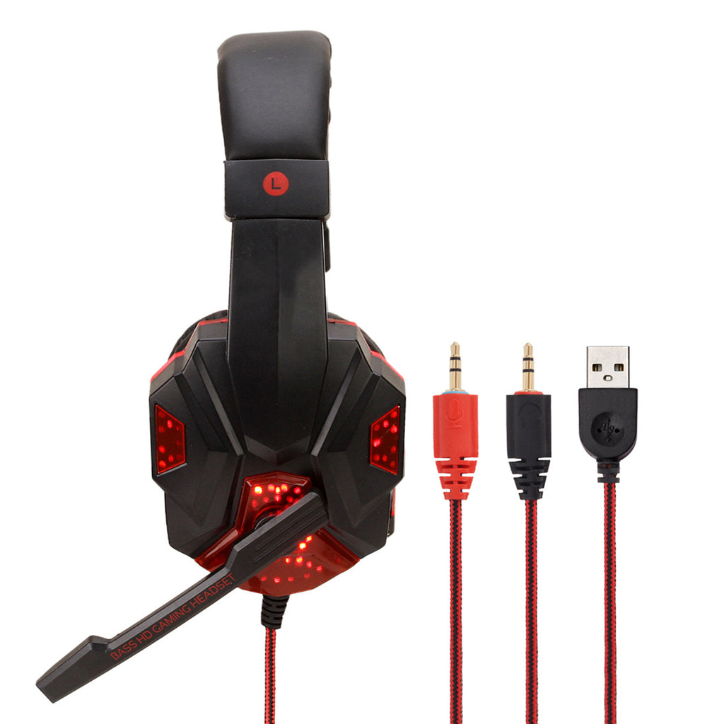 Digitaldistribution375 black and red wired gaming headset with microphone and three connectors: mic, audio, and USB.
