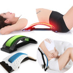 Adjustable plastic lumbar back stretcher devices with massage nodes, shown in use by people for pain relief.