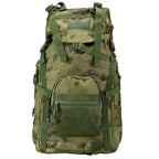 60L green camouflage hiking backpack with external mesh pocket, adjustable nylon straps, and durable fabric construction.