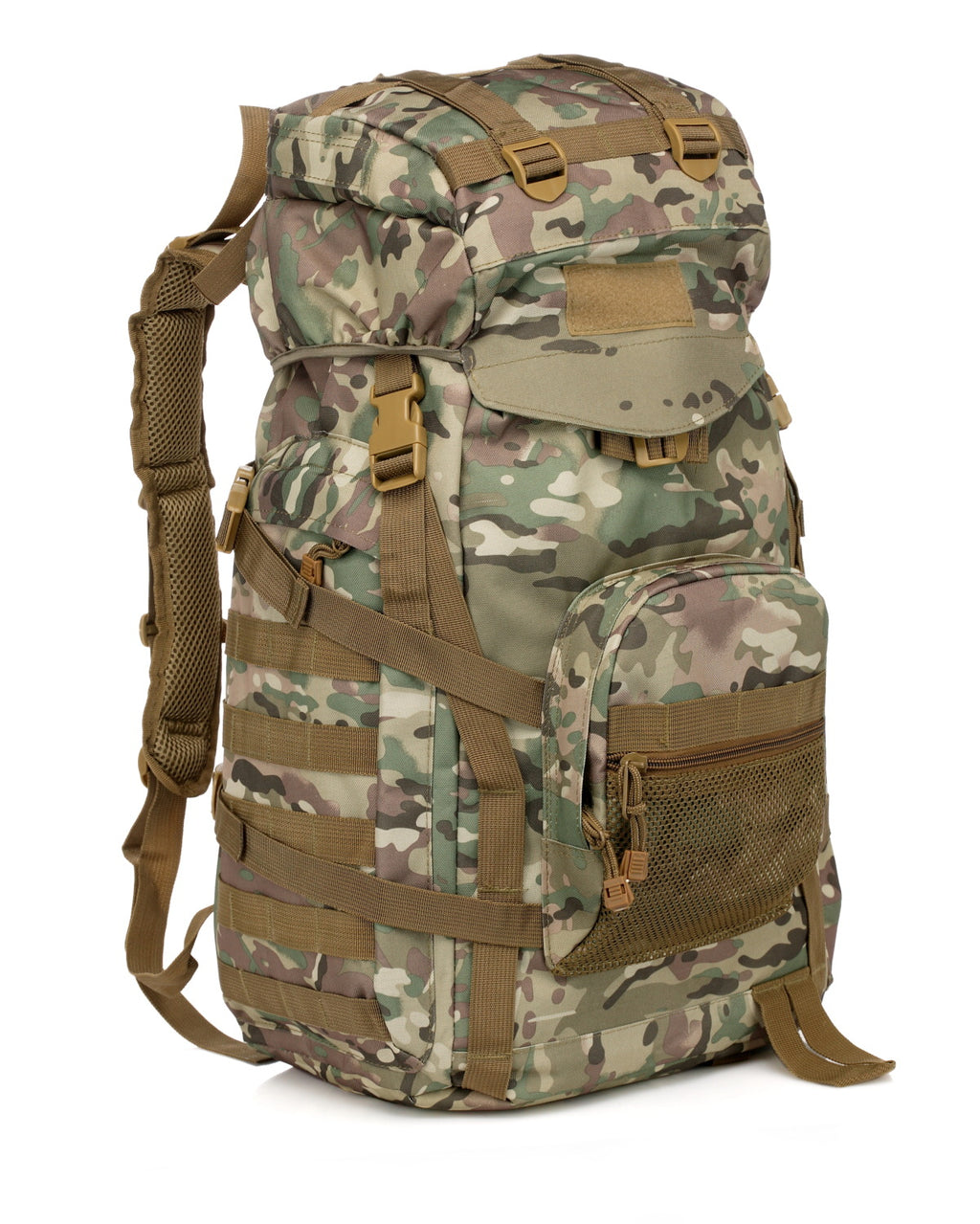 A large 60L camouflage hiking backpack with brown straps, mesh pocket, and multiple storage compartments on white.