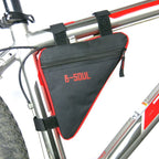Black and red B-SOUL triangle bicycle frame bag attached to a silver mountain bike with hook-and-loop straps.