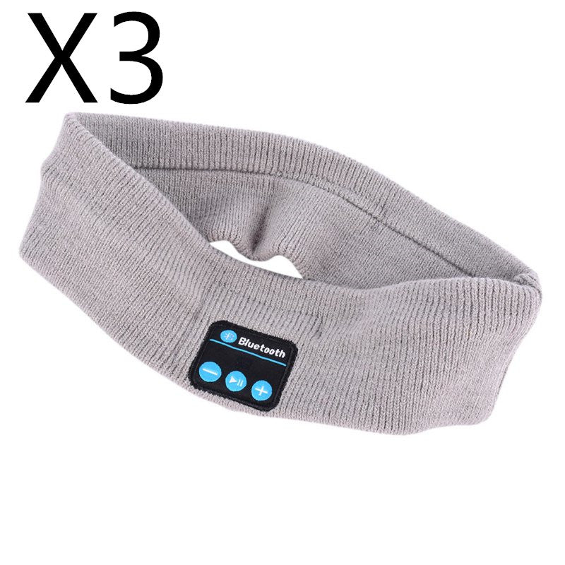 Gray knit Bluetooth sports headband with a black control panel and blue buttons for music playback. Pack of three.