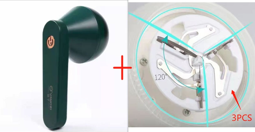 Dark green, handheld USB lint remover with a power button and an internal 3-blade stainless steel shaving head.