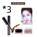Three tubes of Dark Brown peel-off eyebrow tattoo tint gel with an applicator, swatch, and model photo.