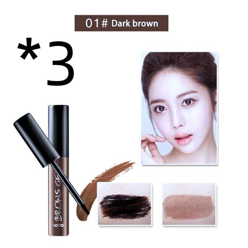 Three tubes of Dark Brown peel-off eyebrow tattoo tint gel with an applicator, swatch, and model photo.