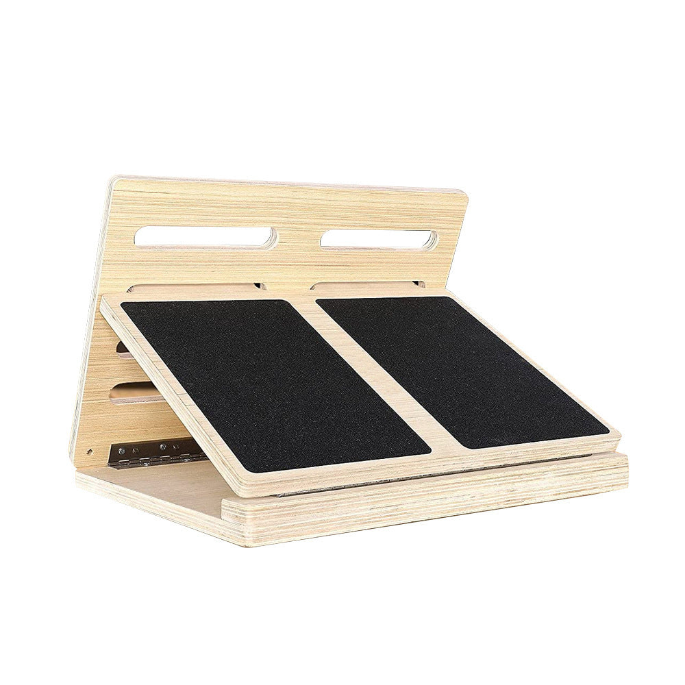 Wooden slant board for exercise, featuring two black anti-slip surfaces and an adjustable angled design.
