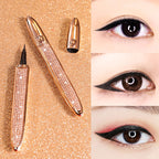 Rose gold rhinestone self-adhesive eyeliner pen with fine tip shown with before-and-after eye makeup application.