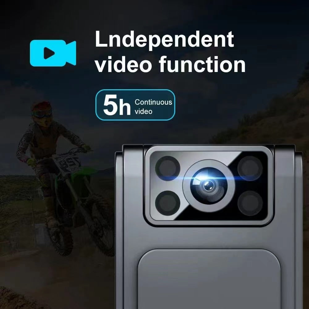 Silver L8 portable magnetic camera with multi-lens module, highlighting 5-hour continuous video recording capabilities.