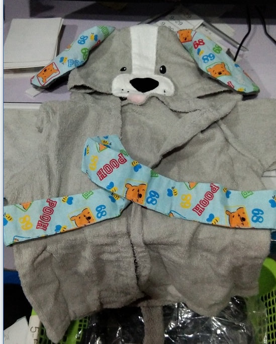 Grey hooded baby bathrobe with Winnie the Pooh patterned blue trim and ears. Soft cotton towel material.