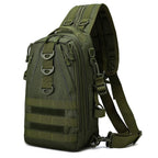 Olive green multi-layer tactical sling backpack featuring MOLLE webbing, D-rings, and ergonomic padded shoulder strap.
