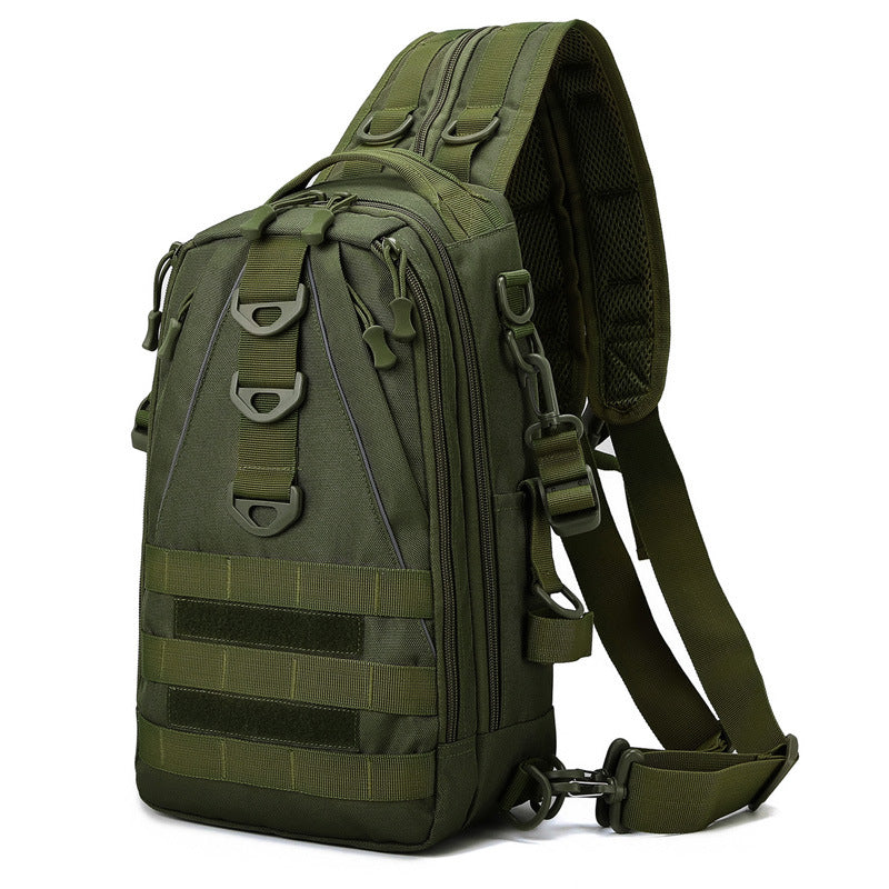 Olive green multi-layer tactical sling backpack featuring MOLLE webbing, D-rings, and ergonomic padded shoulder strap.