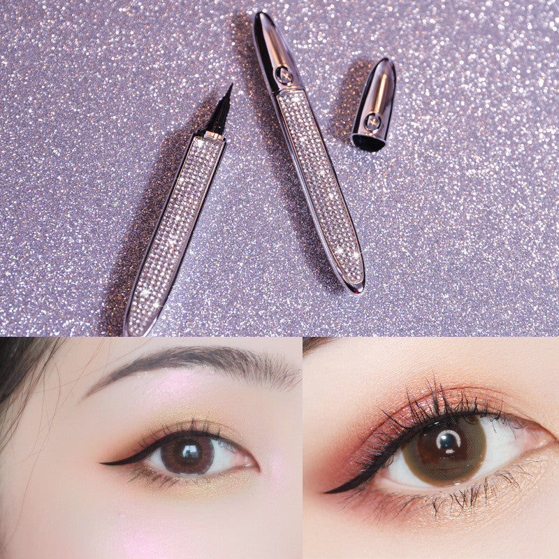 Crystal-encrusted self-adhesive liquid eyeliner pens shown with before-and-after eye makeup application results.