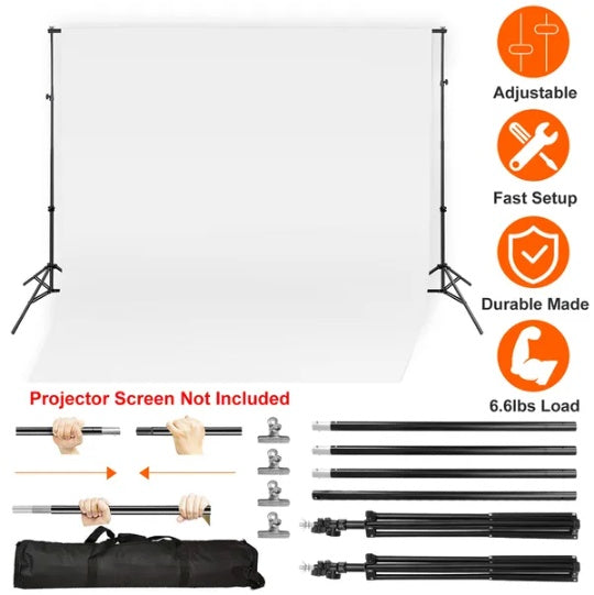 Adjustable 6.5x10ft metal backdrop stand set with white screen, clamps, and black carrying bag on a white background.
