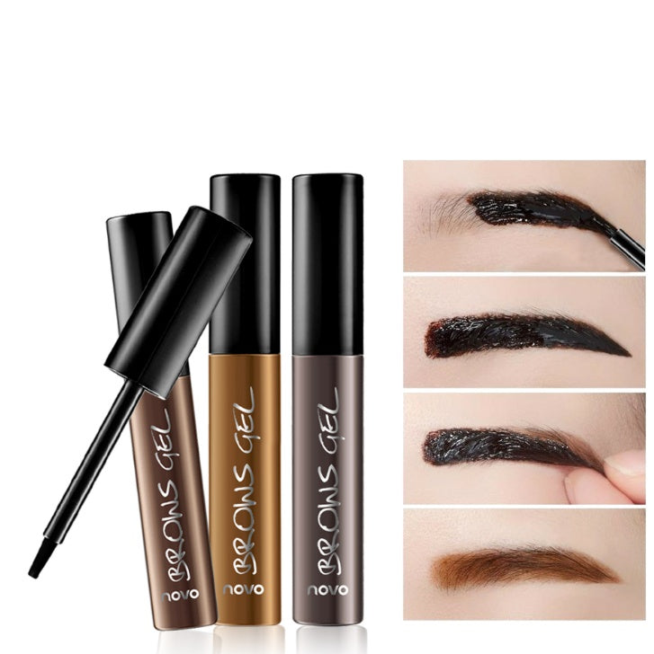 Three Novo brow gel tubes with applicators shown next to steps of applying and peeling off a brown eyebrow tattoo tint.
