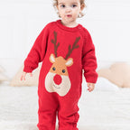 Red knitted baby onesie with a deer face design, featuring side-button closures for easy dressing.