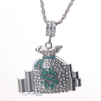 Silver hip-hop money bag pendant necklace encrusted with clear and green rhinestones on a twisted rope chain.