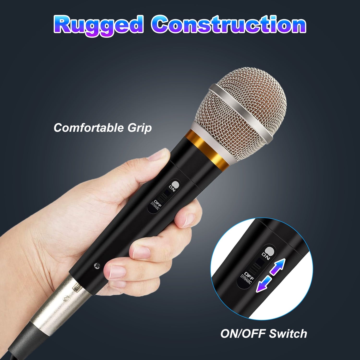 Handheld black dynamic microphone with a metal mesh grille, gold ring, and on/off switch, held in a person's hand.