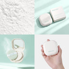 Lakerain white compact blurring powder with soft green puff, displayed as an open case and a handheld product.