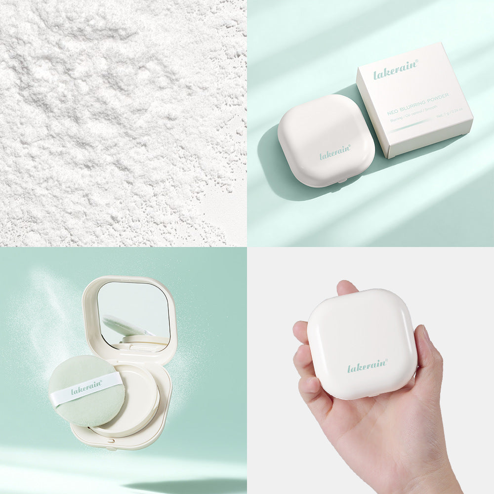 Lakerain white compact blurring powder with soft green puff, displayed as an open case and a handheld product.