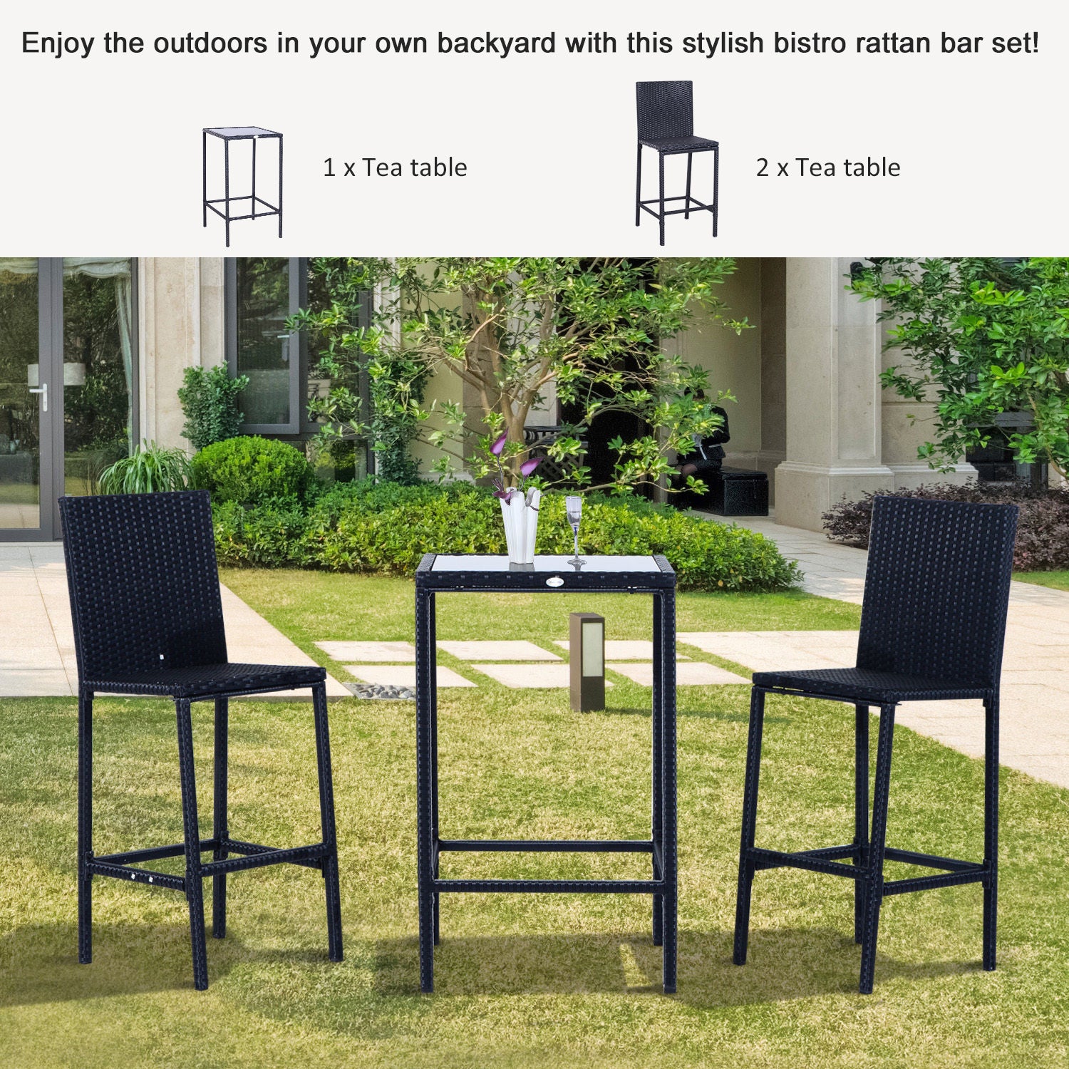 Three-piece outdoor bar set in black rattan, featuring a glass-top bistro table and two tall bar stools on a lawn.