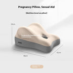 Beige and gray contoured, multifunctional foam pillow for physical support, labeled with dimensions in centimeters.