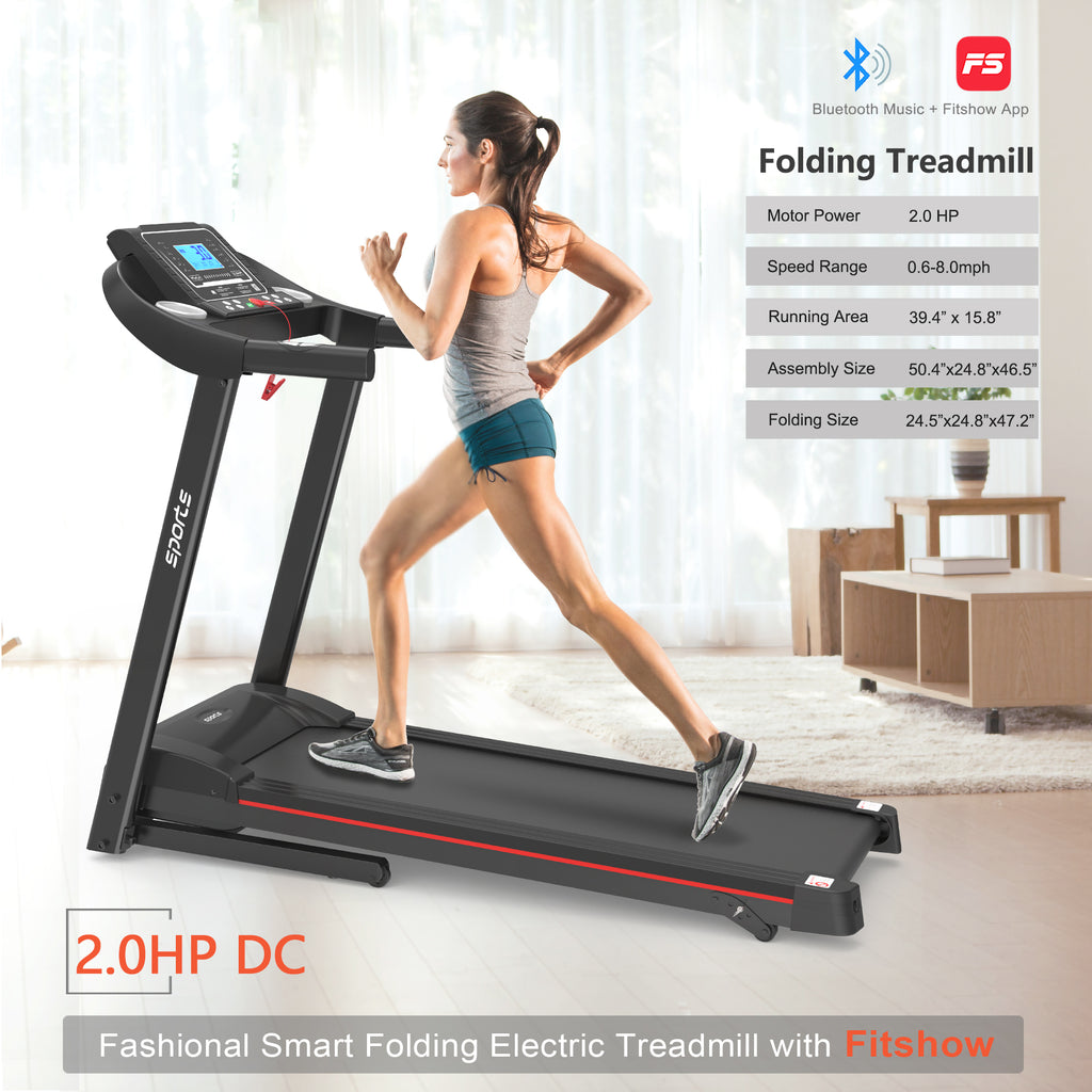 Woman running on a black, foldable electric treadmill with a digital display, Bluetooth, and app connectivity.