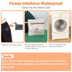Three-panel graphic showing battery removal, mesh laundry bag usage, and machine washing for black electric heated socks.