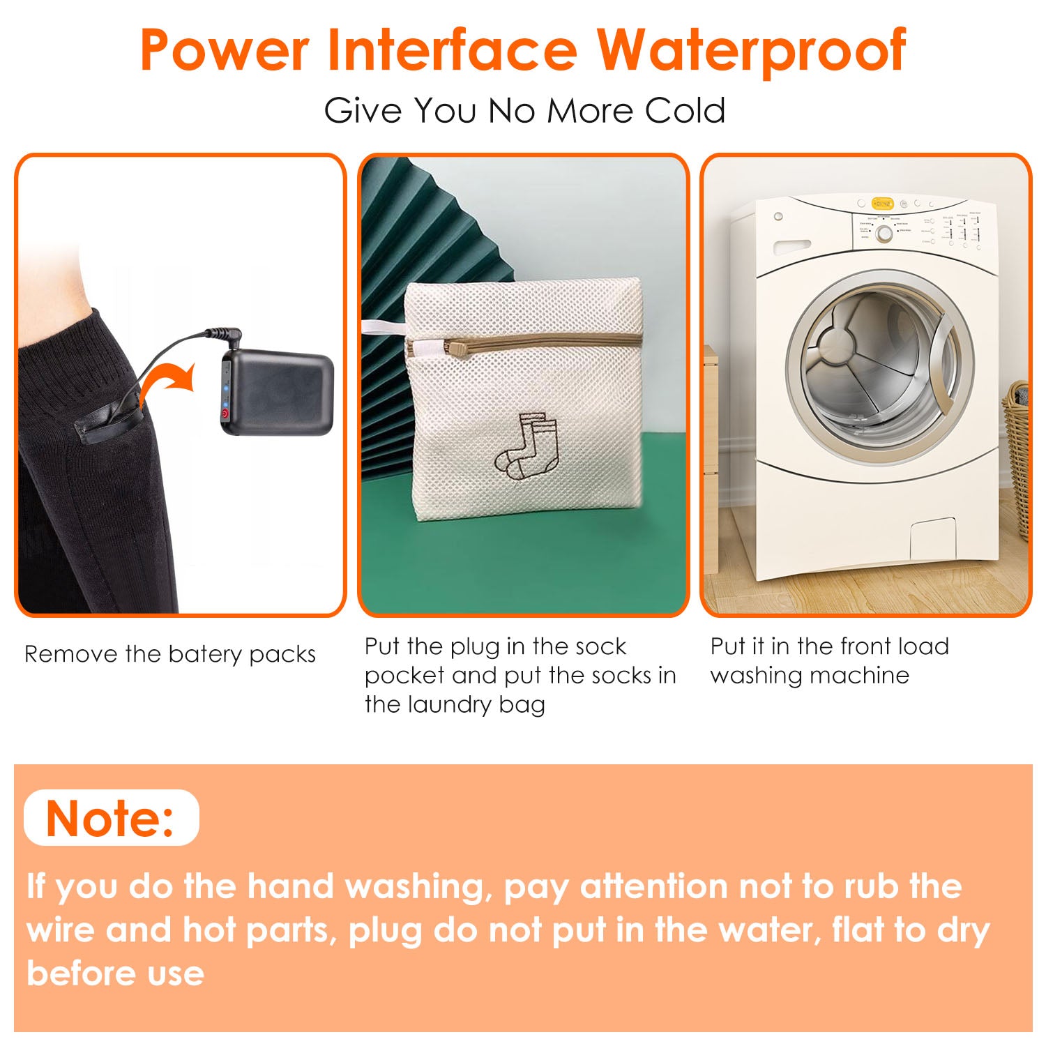 Three-panel graphic showing battery removal, mesh laundry bag usage, and machine washing for black electric heated socks.