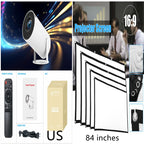 White HY300 Pro projector with stand, 84-inch 16:9 screen, remote, manual, power cord, and retail box.