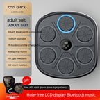 Black smart music boxing wall target with five round pads, LCD screen, Bluetooth, and tiger-patterned boxing gloves.