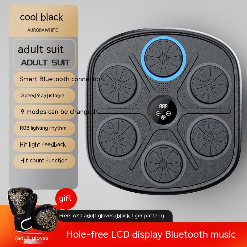 Black smart music boxing wall target with five round pads, LCD screen, Bluetooth, and tiger-patterned boxing gloves.