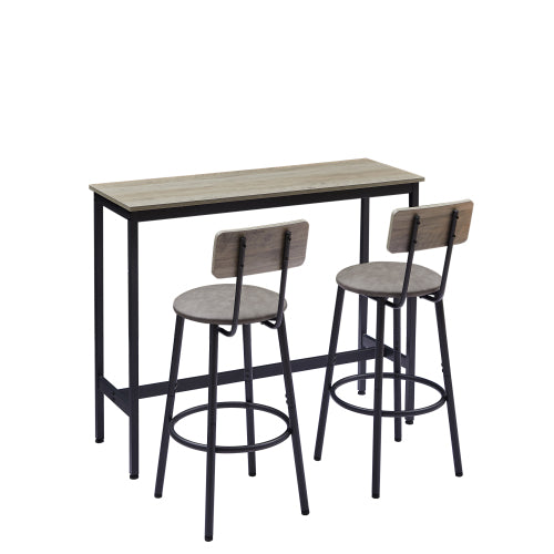 Bar table set with two stools. Grey PU soft seats, wood-grain backrests, and black metal frames on a white background.
