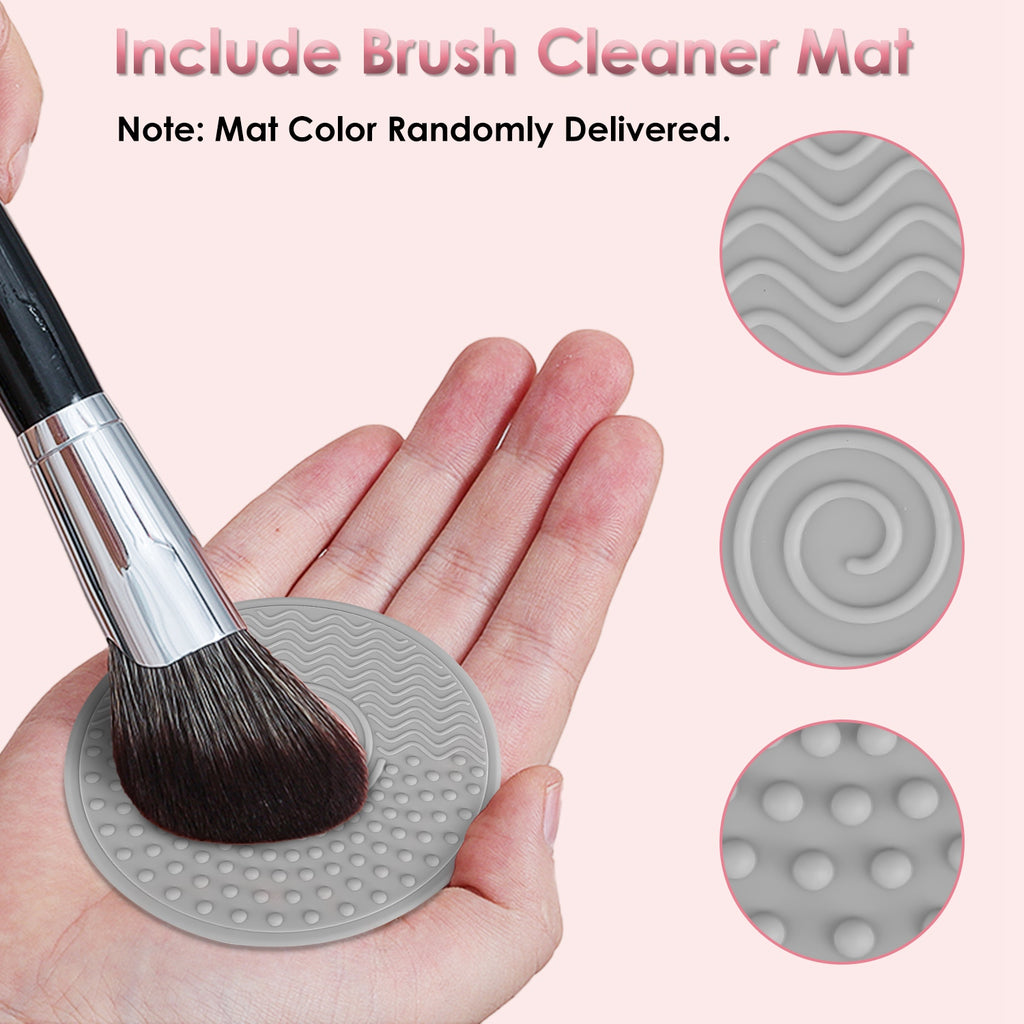 A hand cleaning a makeup brush on a grey silicone mat with varied textures for deep cleaning.