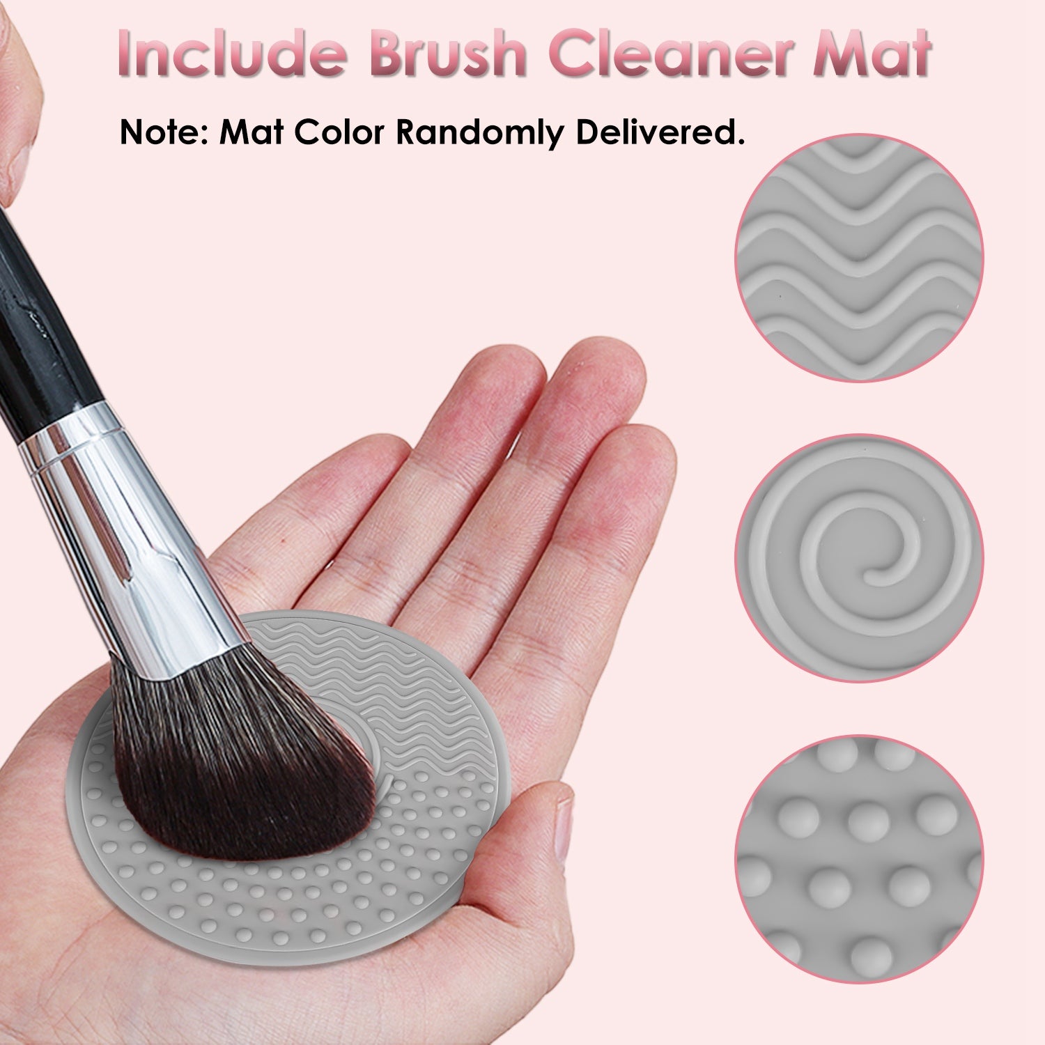 A hand cleaning a makeup brush on a grey silicone mat with varied textures for deep cleaning.