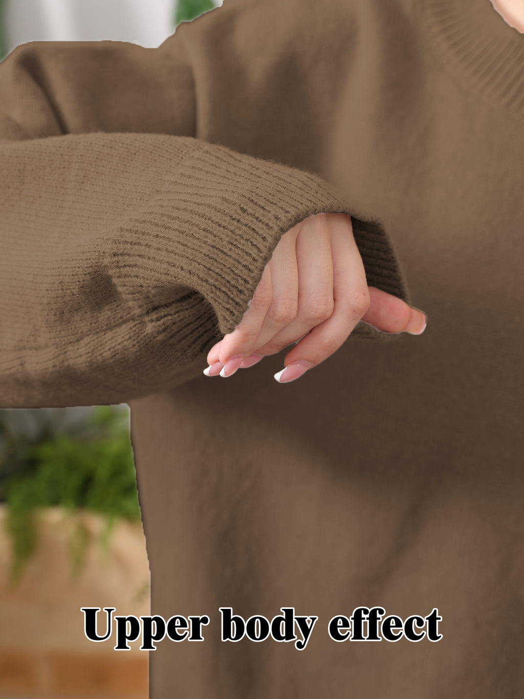 Close-up of a person wearing a soft, brown knit sweater with ribbed cuffs. Text overlay reads "Upper body effect."