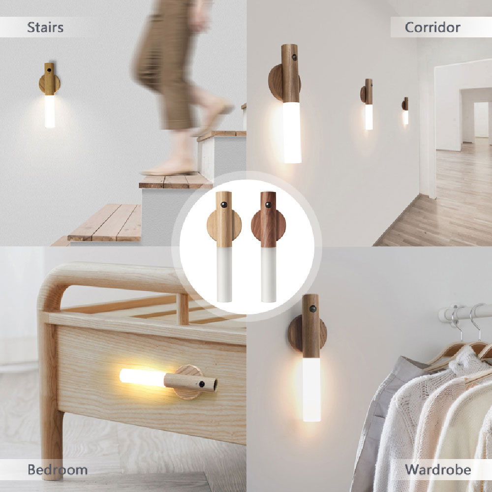 Magnetic wood LED motion-sensor wall lamp with a cylindrical light, shown installed in various home settings.