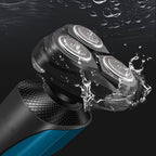 Black and blue electric rotary shaver head with three metal blades, shown underwater with splashing water droplets.