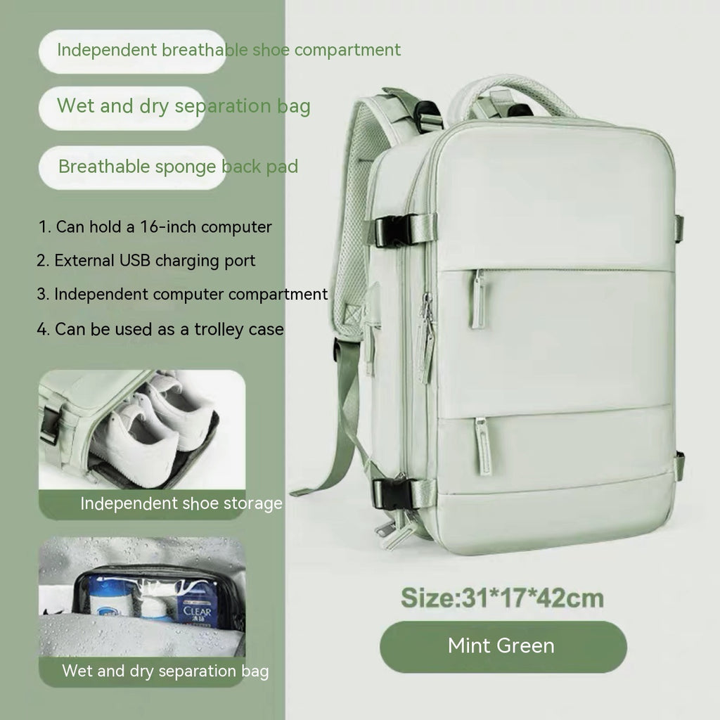 Mint green waterproof backpack featuring a laptop sleeve, USB port, shoe compartment, and wet/dry storage pockets.