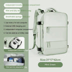 Mint green waterproof backpack featuring a laptop sleeve, USB port, shoe compartment, and wet/dry storage pockets.