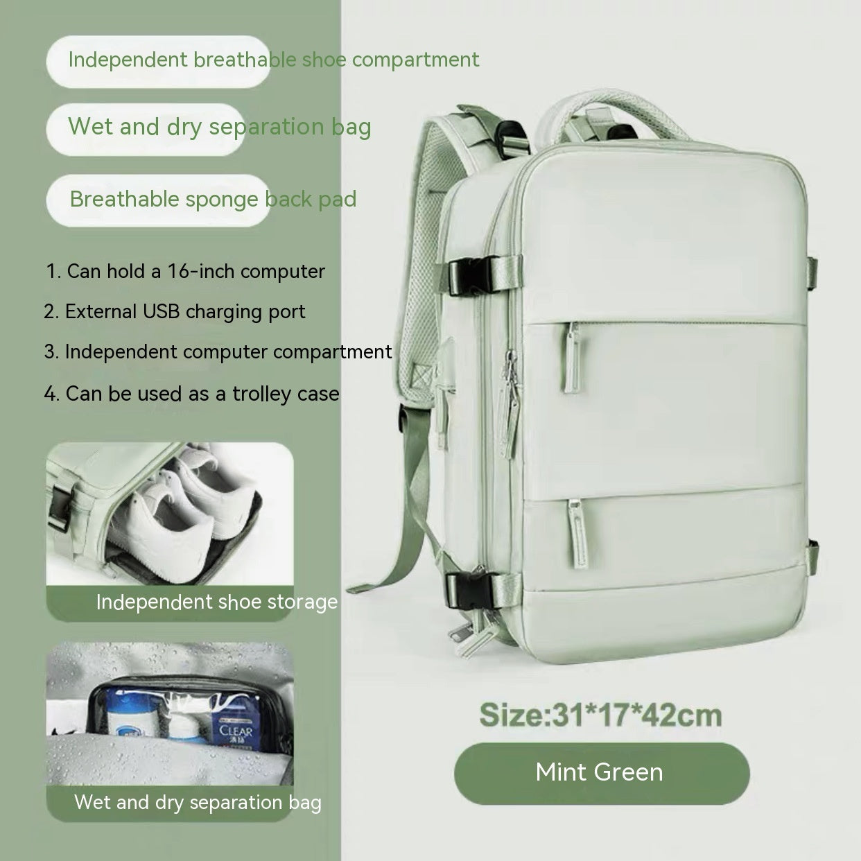 Mint green waterproof backpack featuring a laptop sleeve, USB port, shoe compartment, and wet/dry storage pockets.