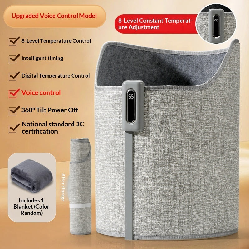 Grey, fabric-textured desk foot warmer with a digital temperature control panel and included grey fleece blanket.