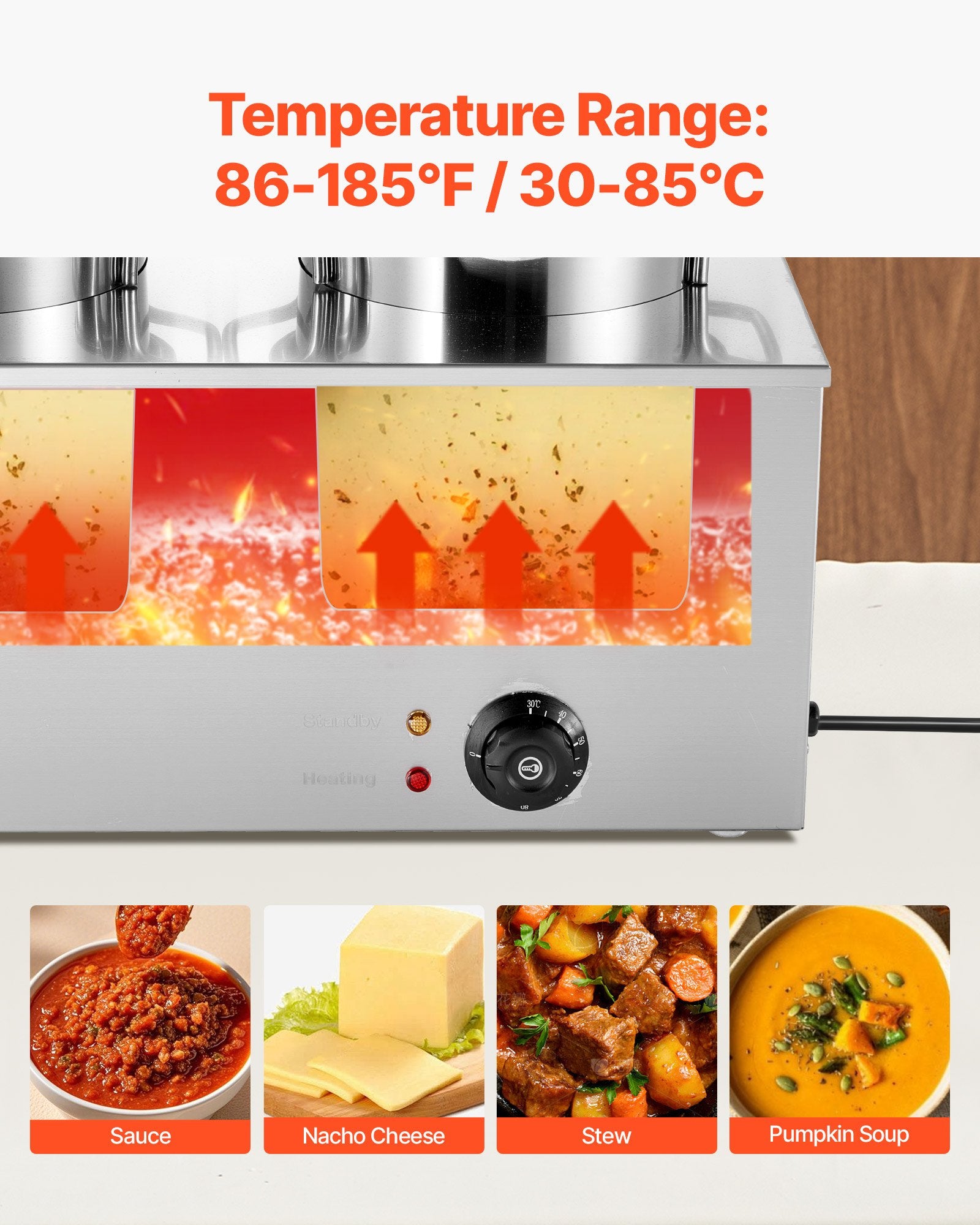 Stainless steel 2-pot soup warmer with heat indicator, dial control, and temperature range graphic.