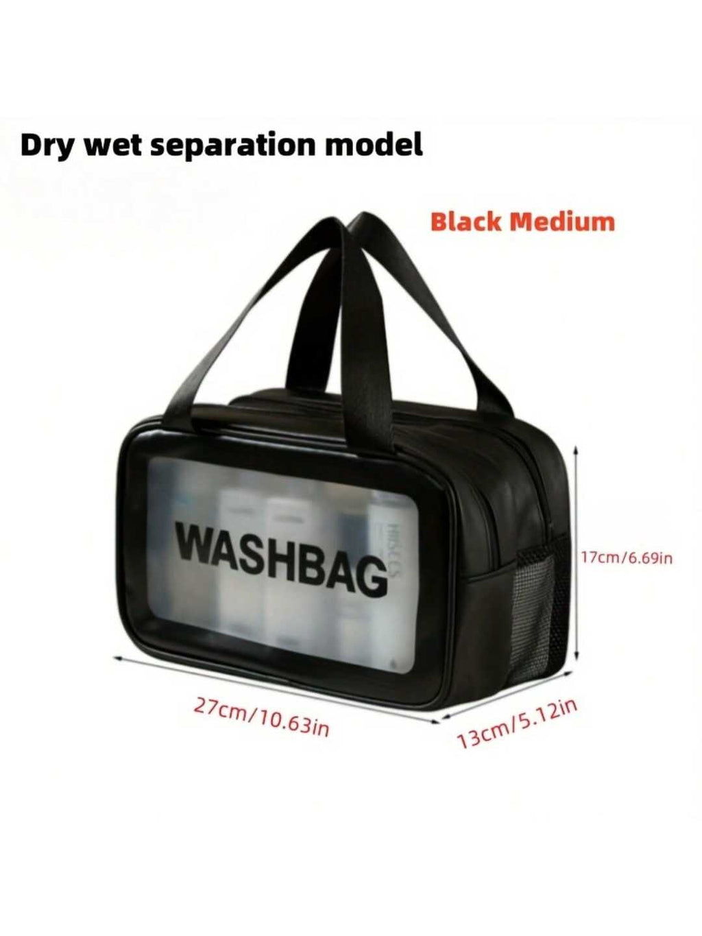 Black medium dry/wet travel makeup bag with a transparent front panel, carry handles, and dimensions overlay.