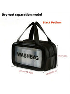 Black medium dry/wet travel makeup bag with a transparent front panel, carry handles, and dimensions overlay.