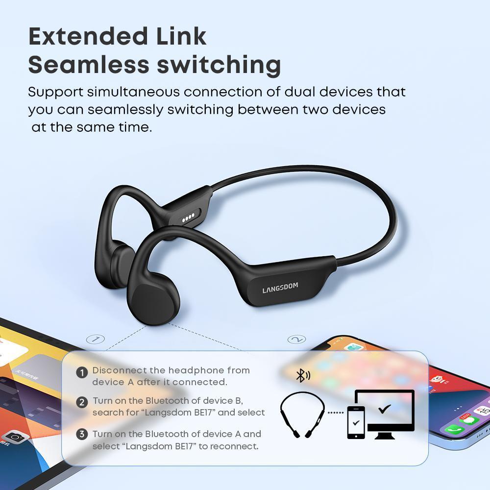 Black bone conduction headphones floating above dual-device Bluetooth connection instructions on a light blue background.
