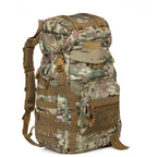 A 60L camouflage tactical hiking backpack with brown straps, mesh pockets, multiple buckles, and padded shoulder straps.