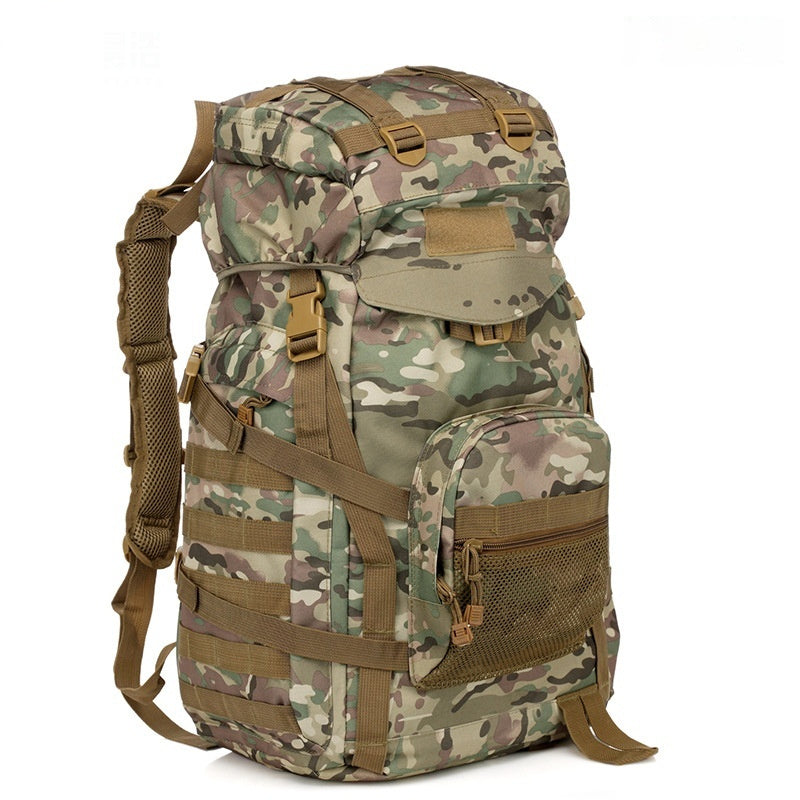 A 60L camouflage tactical hiking backpack with brown straps, mesh pockets, multiple buckles, and padded shoulder straps.