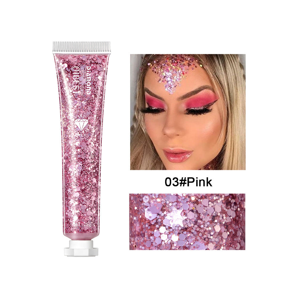 Pink glitter sequin gel in a tube, shown with a model wearing pink eye makeup and face glitter. 03 Pink shade.