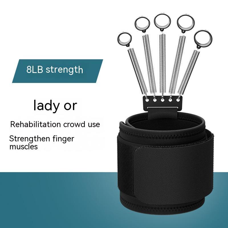 Black finger trainer with metal springs, fabric wrist strap, and finger rings, labeled for 8lb strength.