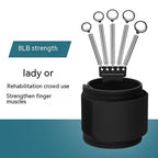Black finger trainer with metal springs, fabric wrist strap, and finger rings, labeled for 8lb strength.